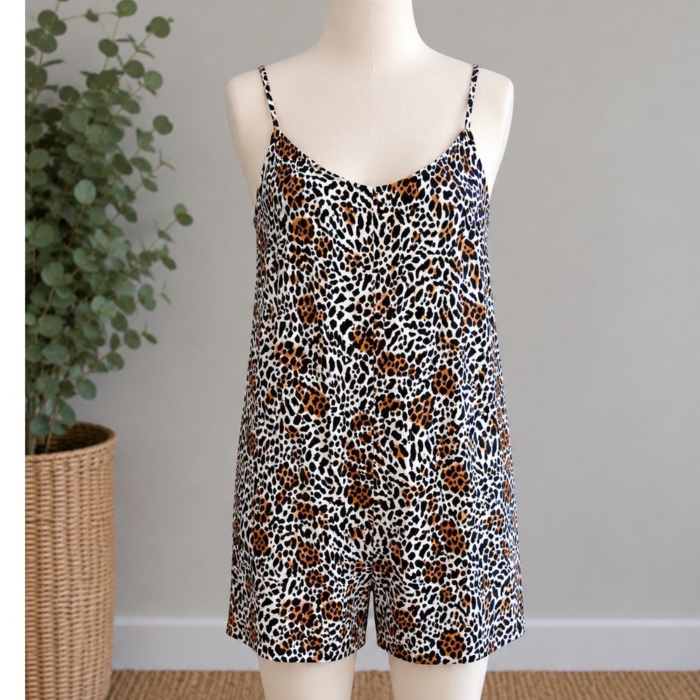 Leopard Print Spaghetti Strap Romper with Pockets Animal Print Sleeveless XL Y2K